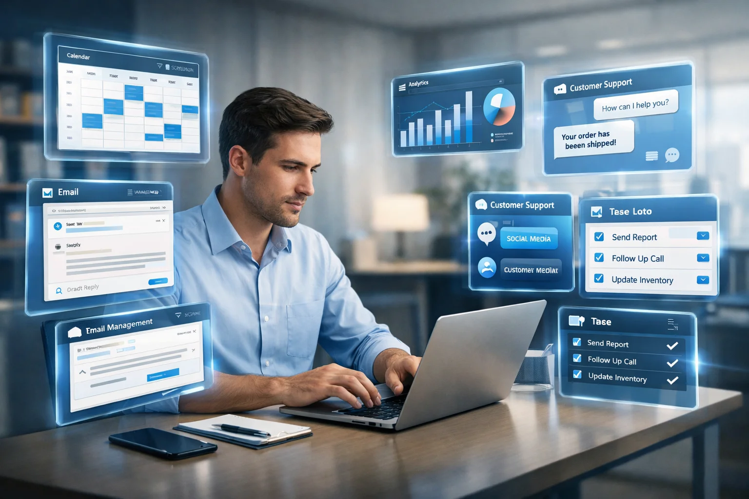 Professional using AI agents on a laptop to automate emails, scheduling, reports, and daily business tasks