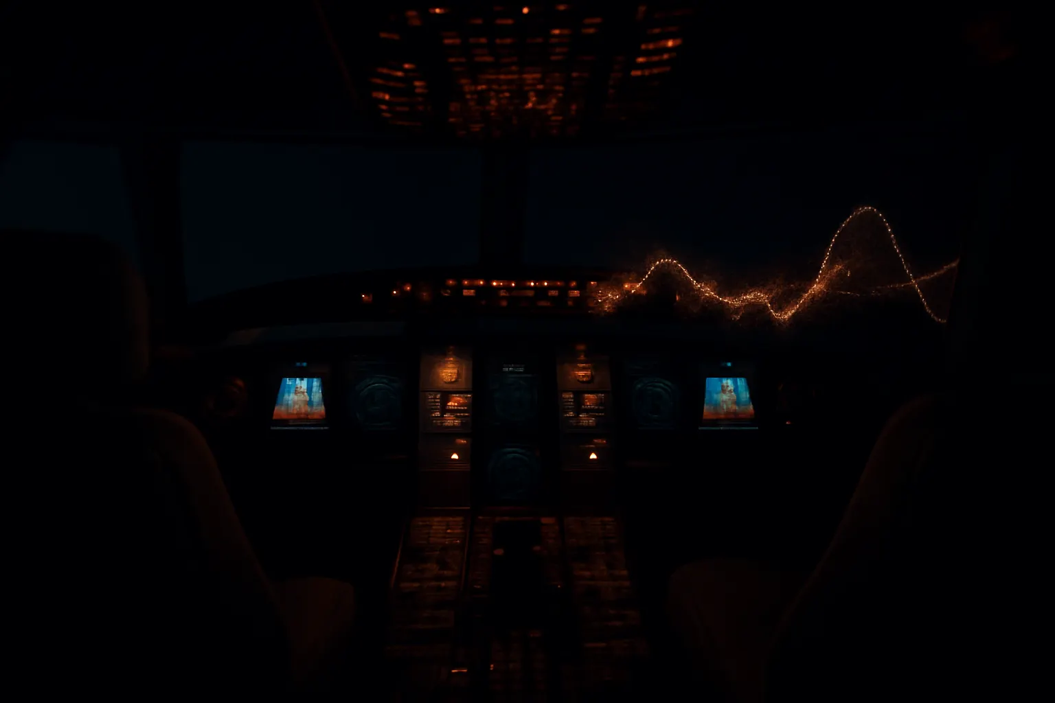 A dimly lit aircraft cockpit with an abstract audio waveform illustration, representing AI reconstruction of cockpit voices