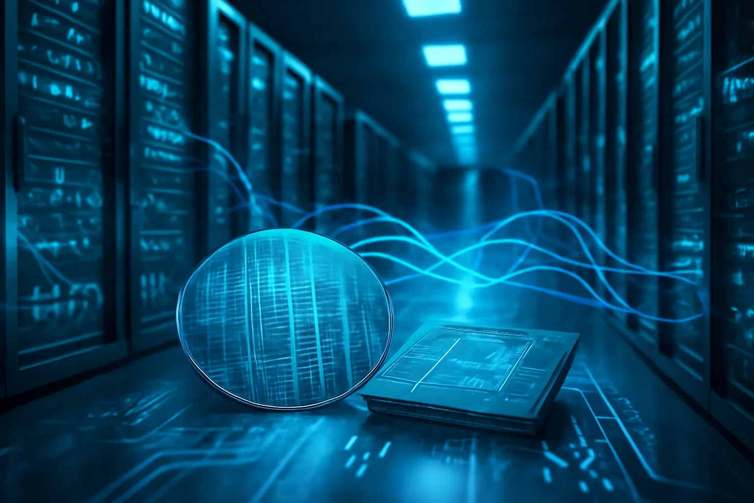 Illustration of an AI chip optimized for agentic workflows in a data center