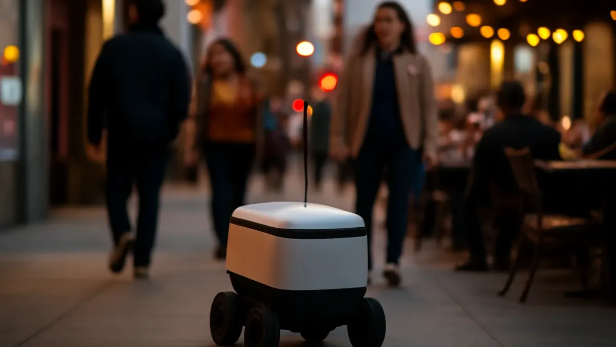 A small autonomous delivery robot driving along a Los Angeles pavement near pedestrians.