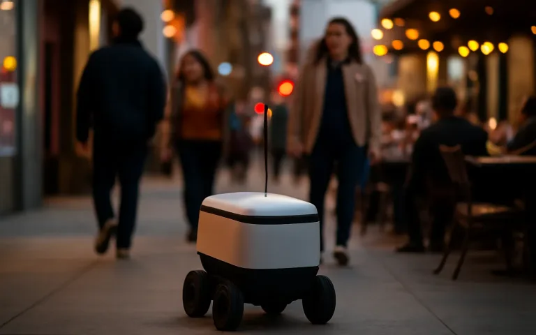 A small autonomous delivery robot driving along a Los Angeles pavement near pedestrians.