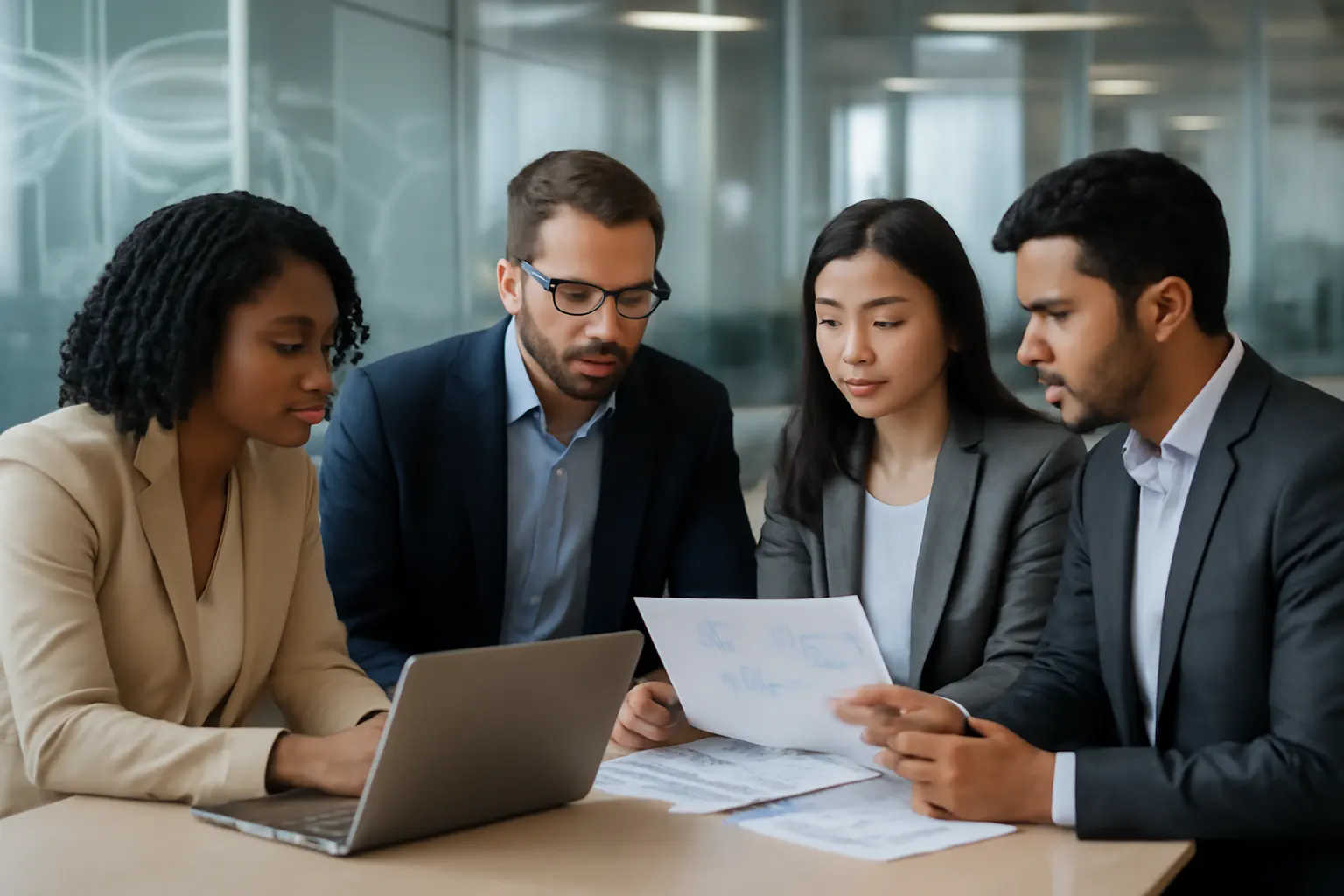 Professionals in a modern banking office discussing AI-driven changes to work.