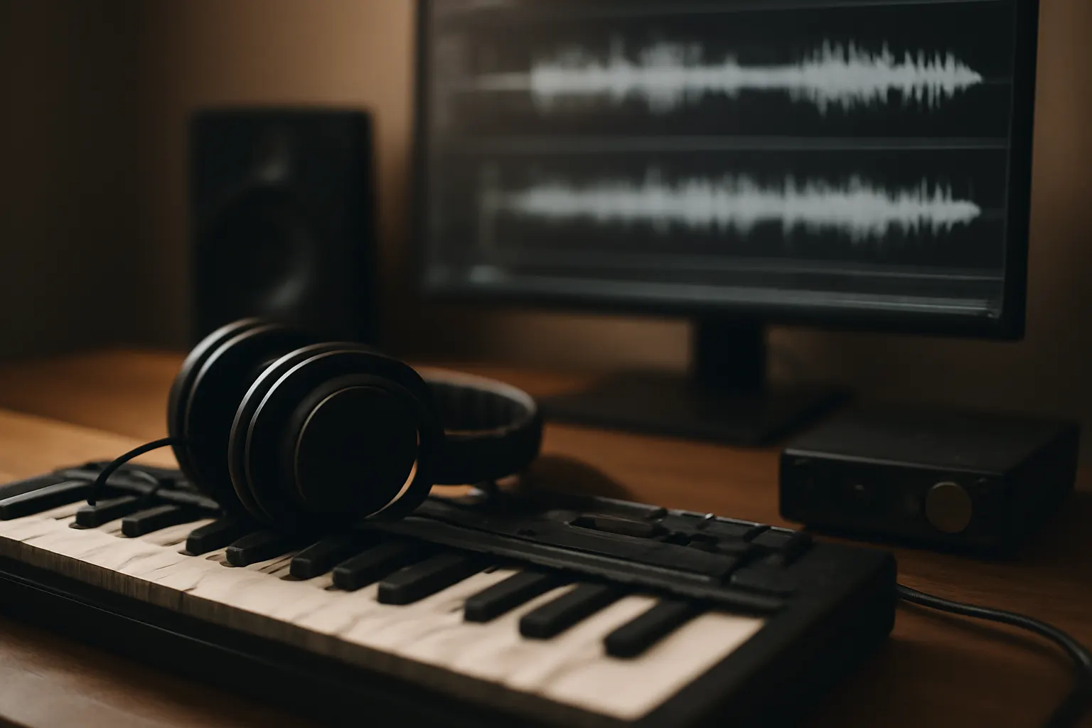 Music production desk with headphones, MIDI keyboard and audio tools representing AI-generated music creation