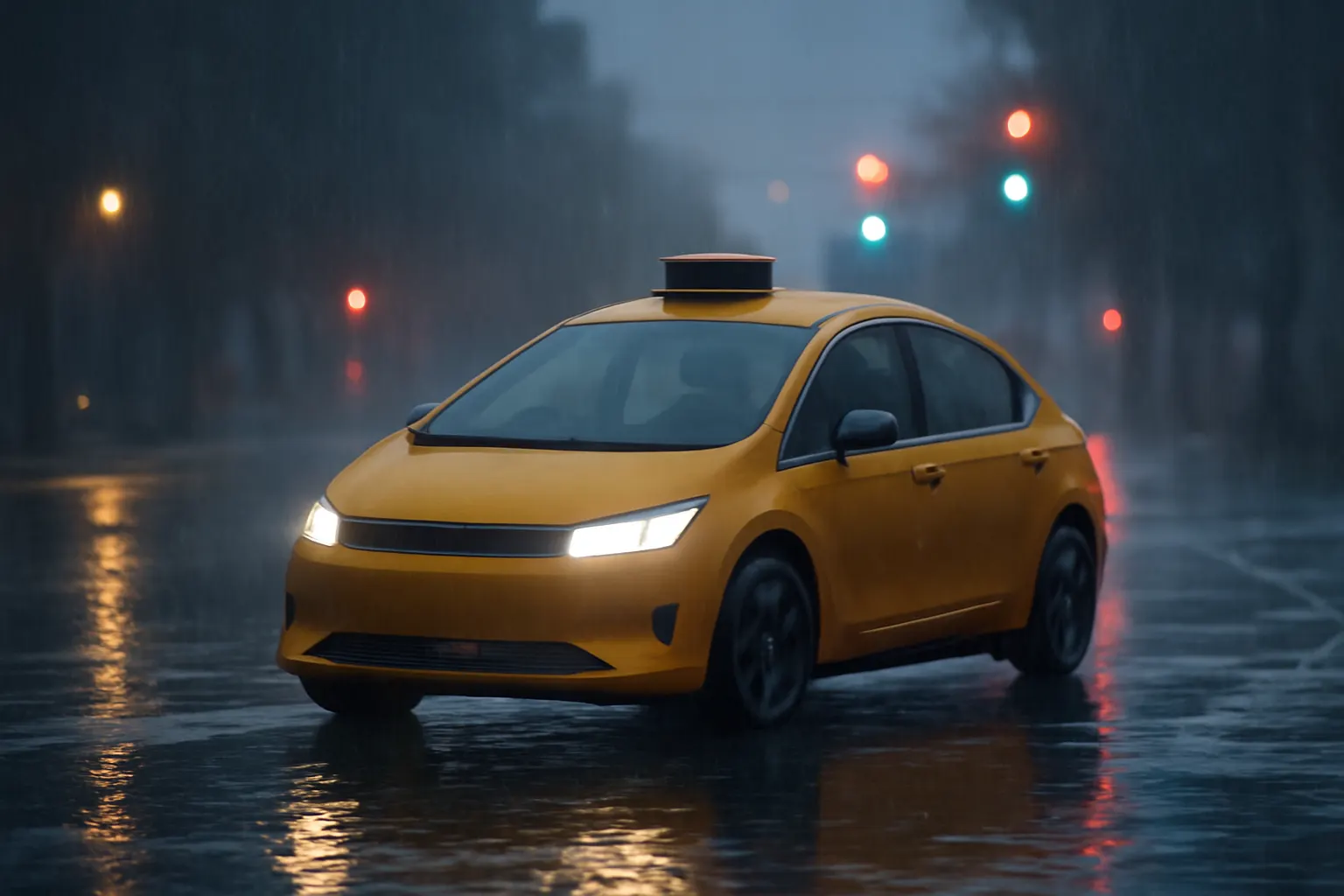 A driverless taxi-style vehicle stopped near a flooded city street during heavy rain
