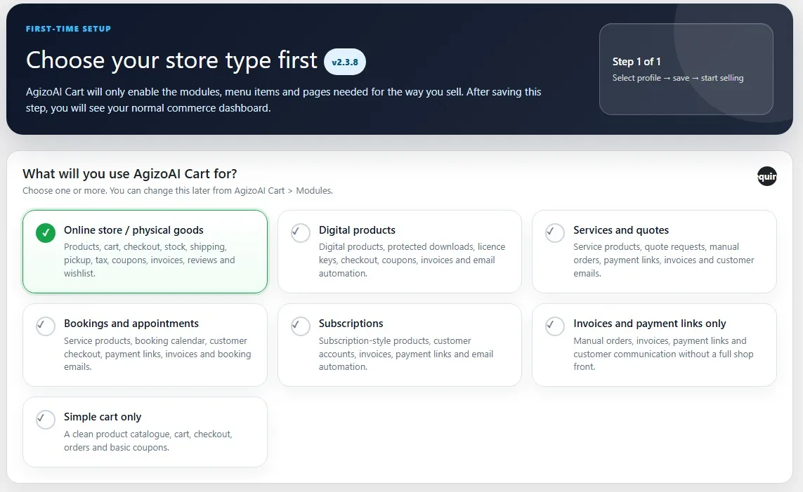 AgizoAI Cart WordPress commerce plugin settings screen with store identity, shipping zones, payments and business tools
