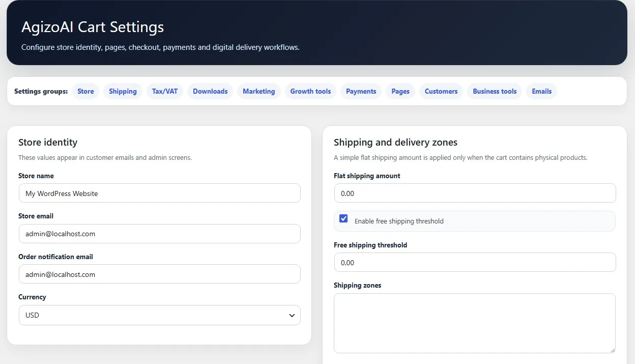 AgizoAI Cart first-time setup wizard for choosing a WordPress store type