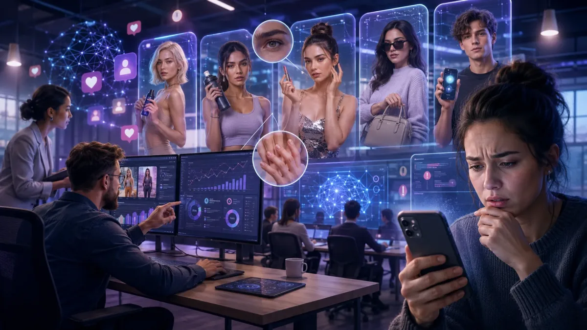 AI-generated influencers being created for social media advertising inside a futuristic marketing studio with synthetic avatars and campaign dashboards