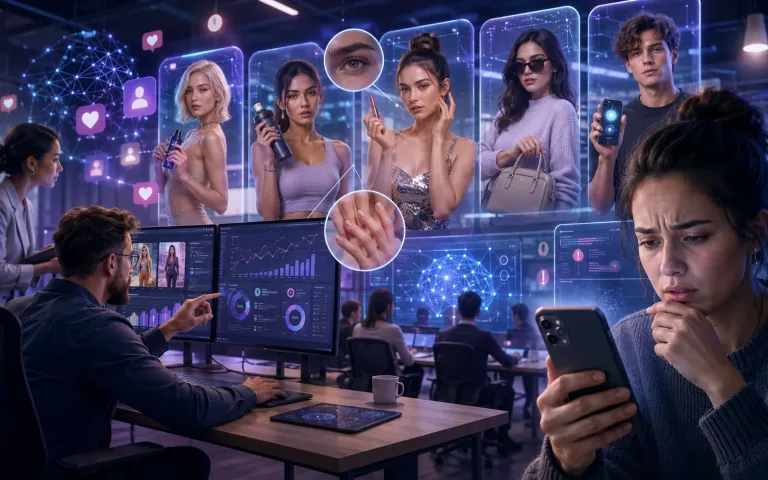 AI-generated influencers being created for social media advertising inside a futuristic marketing studio with synthetic avatars and campaign dashboards