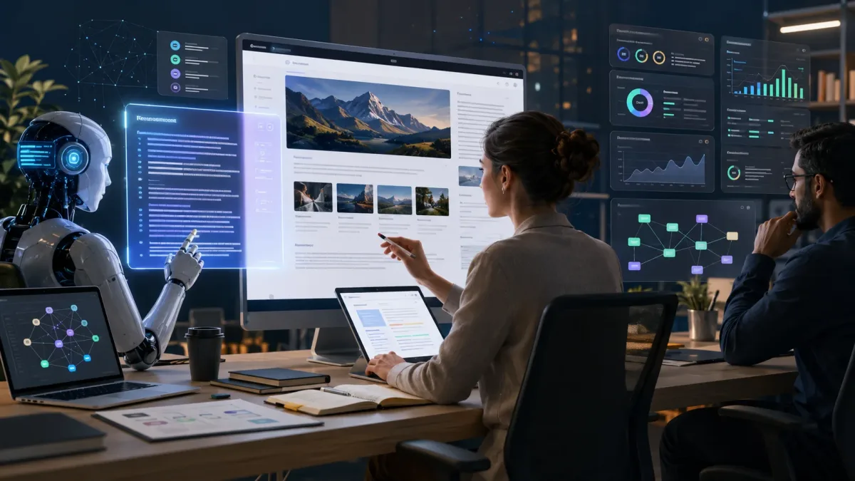 AI assistant, human editor and SEO dashboard improving website content together