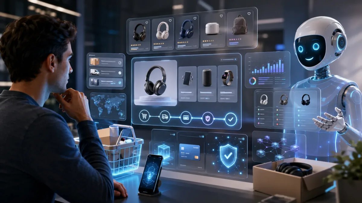 AI shopping agent helping a user complete a secure agentic commerce checkout