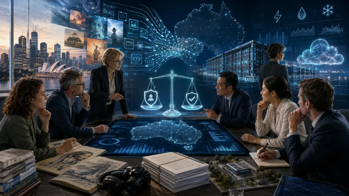 Australia AI regulation debate with copyright, data centres, creator protection and Big Tech pressure