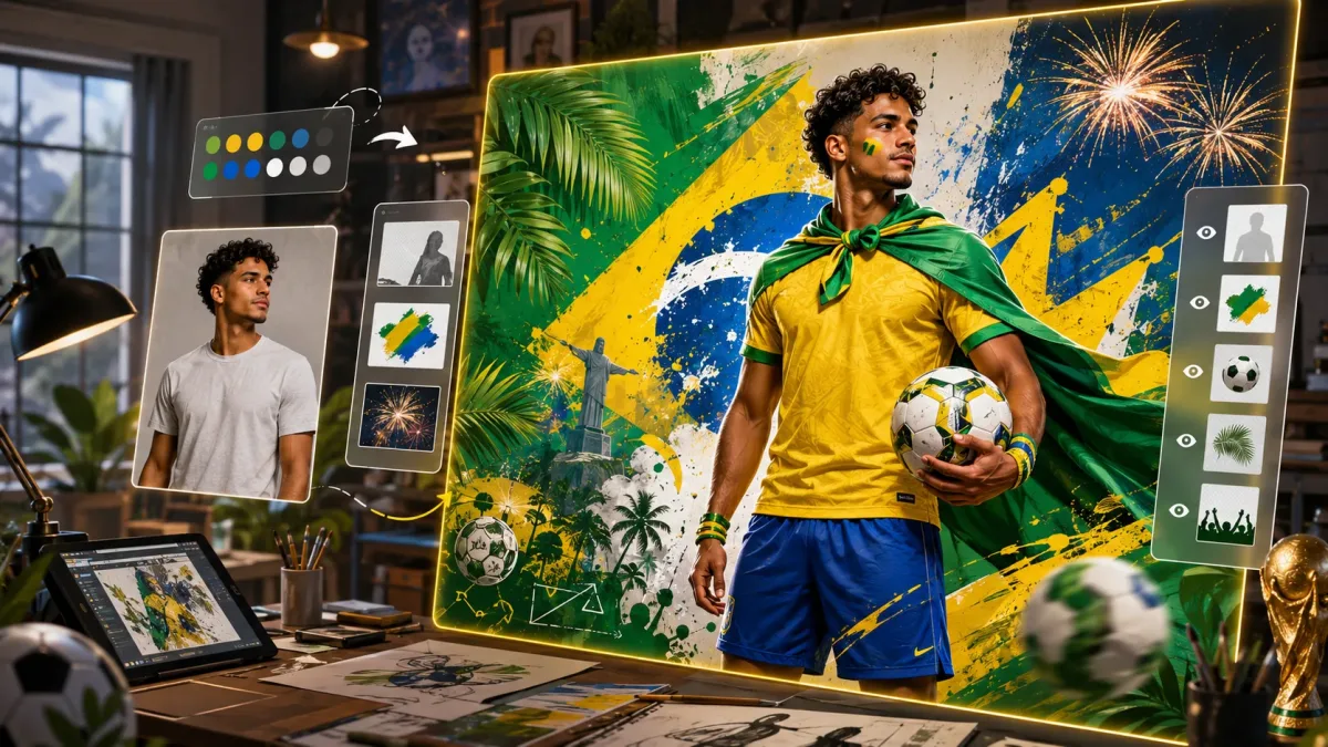 Brazil-themed AI football fan poster showing a stylish supporter in yellow, green and blue with a football and illustrated doodle background