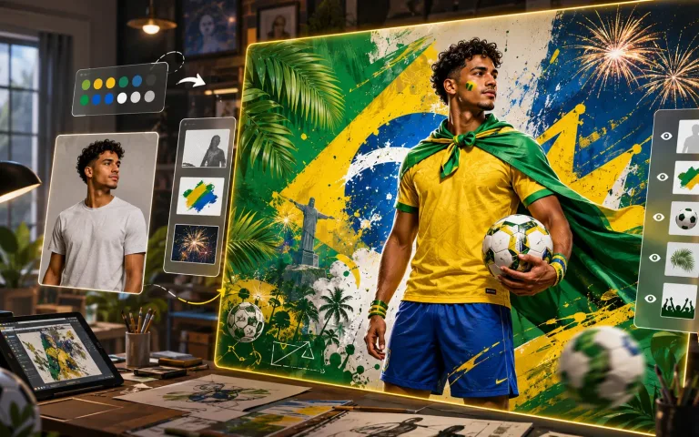 Brazil-themed AI football fan poster showing a stylish supporter in yellow, green and blue with a football and illustrated doodle background