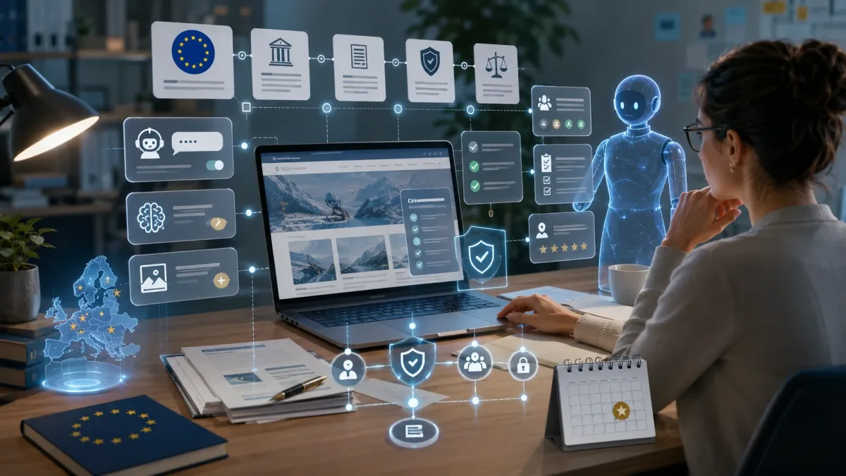 Website owner reviewing an EU AI Act 2026 compliance dashboard for AI tools and content labelling