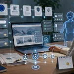 Website owner reviewing an EU AI Act 2026 compliance dashboard for AI tools and content labelling