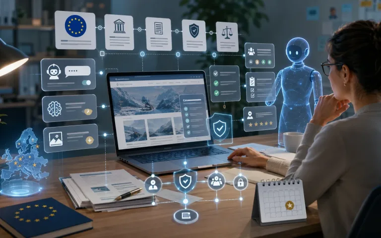 Website owner reviewing an EU AI Act 2026 compliance dashboard for AI tools and content labelling