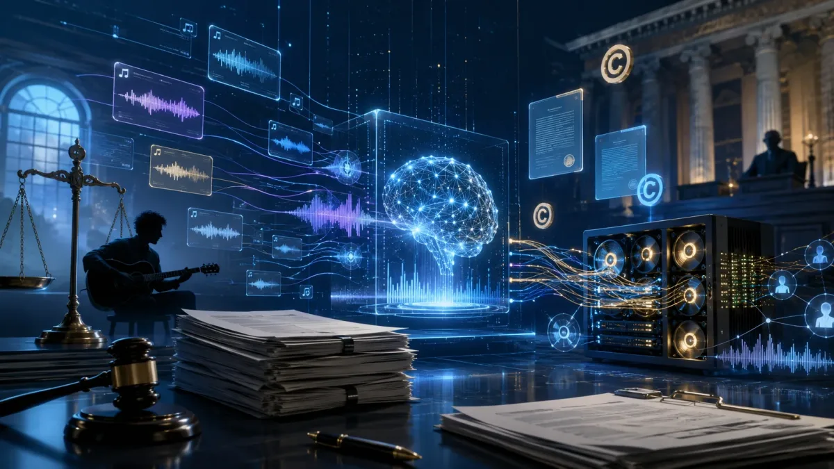 AI music copyright lawsuit scene with audio training data, legal documents and a futuristic AI system