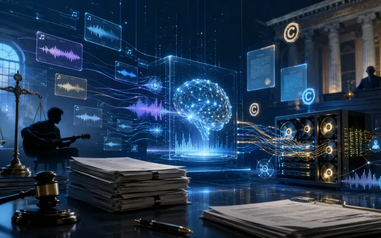 AI music copyright lawsuit scene with audio training data, legal documents and a futuristic AI system
