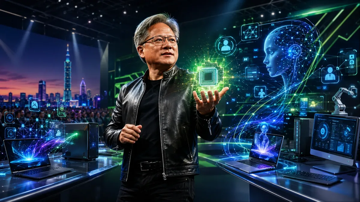 Editorial caricature of Jensen Huang presenting Nvidia RTX Spark AI PC chip with futuristic AI-powered computers