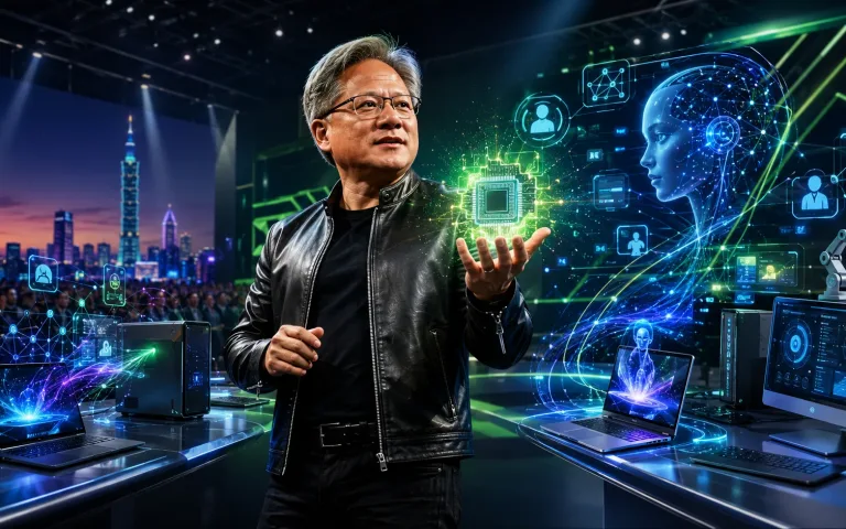 Editorial caricature of Jensen Huang presenting Nvidia RTX Spark AI PC chip with futuristic AI-powered computers