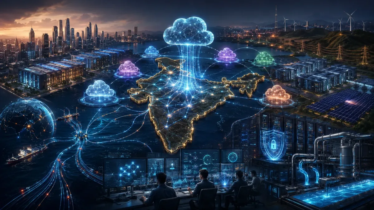 AI cloud infrastructure in India with data centres, cloud regions, power grids and Big Tech investment