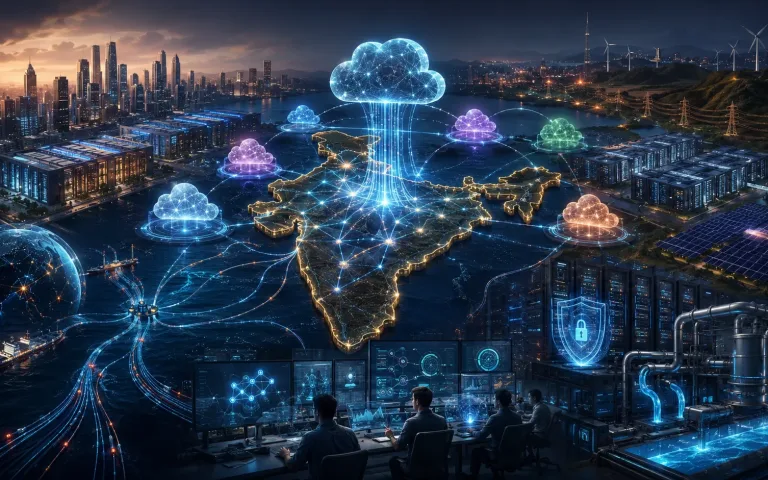 AI cloud infrastructure in India with data centres, cloud regions, power grids and Big Tech investment